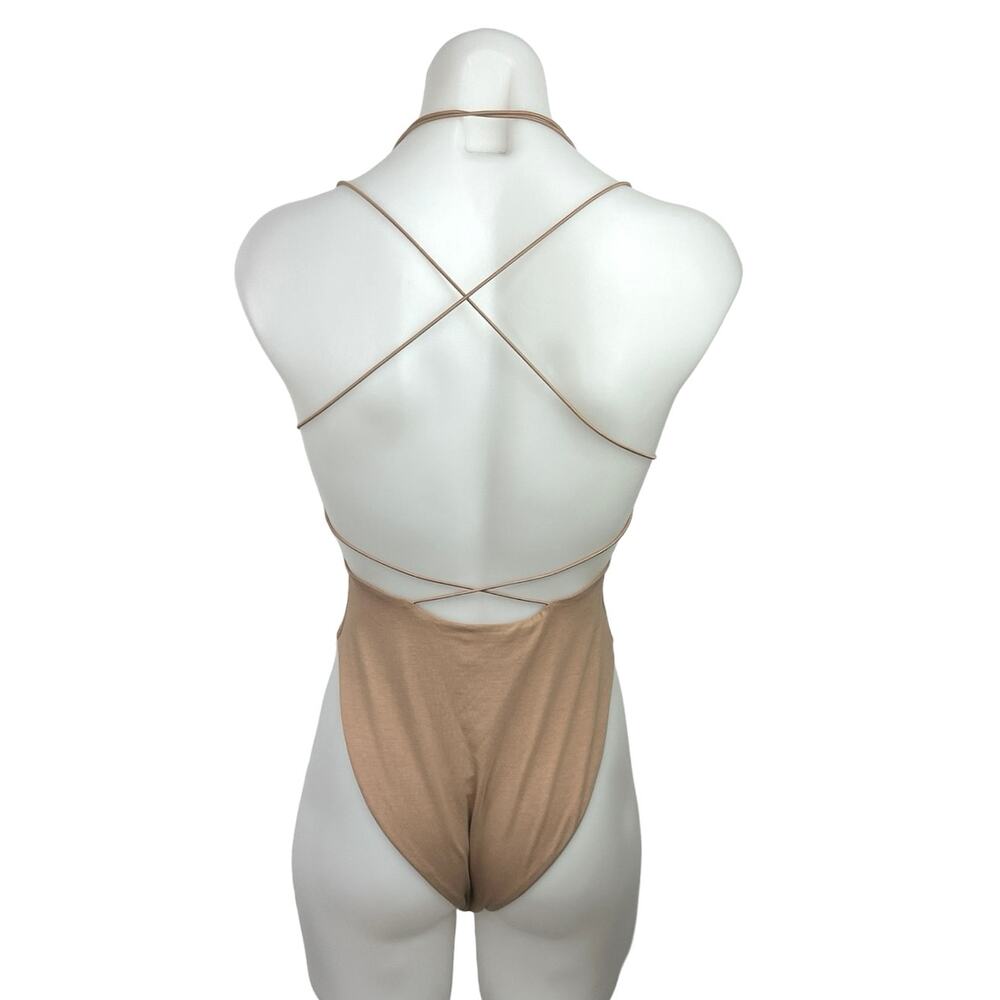 Tiger Mist Tan Brown Crew Neck Crisscross Back Strap One Piece Bodysuit Size XS - Picture 2 of 4